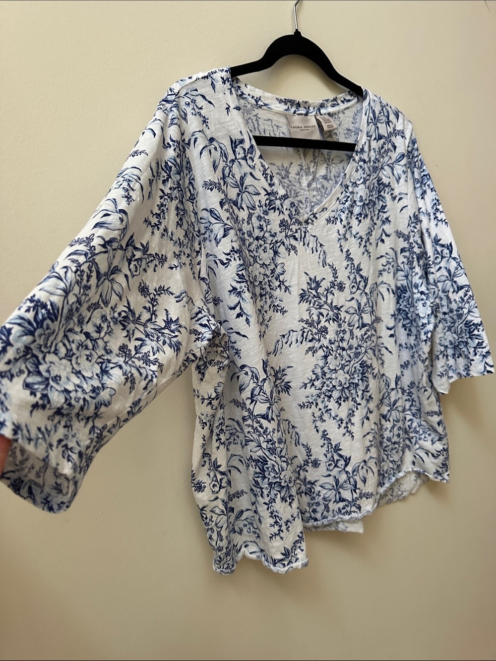 Laura Ashley White and Blue Floral V-Neck Long Sleeve Top